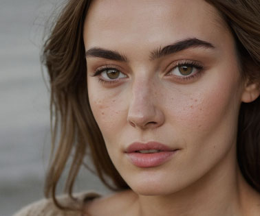 A close-up portrait of a woman with long, dark hair and green eyes, displaying lightly freckled skin and a soft smile.