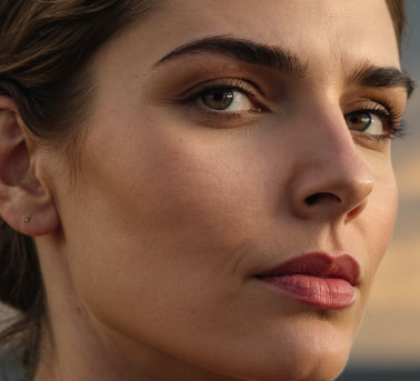 A close-up portrait of a woman's face, featuring prominent cheekbones, defined jawline, and soft makeup with red lipstick. She has a thoughtful expression, with her hair styled back, showcasing her natural beauty against a blurred outdoor background.