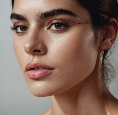 A close-up portrait of a woman with a natural makeup look, featuring soft skin, defined eyebrows, and a subtle lip color. She has her hair pulled back and wears a simple gold hoop earring.