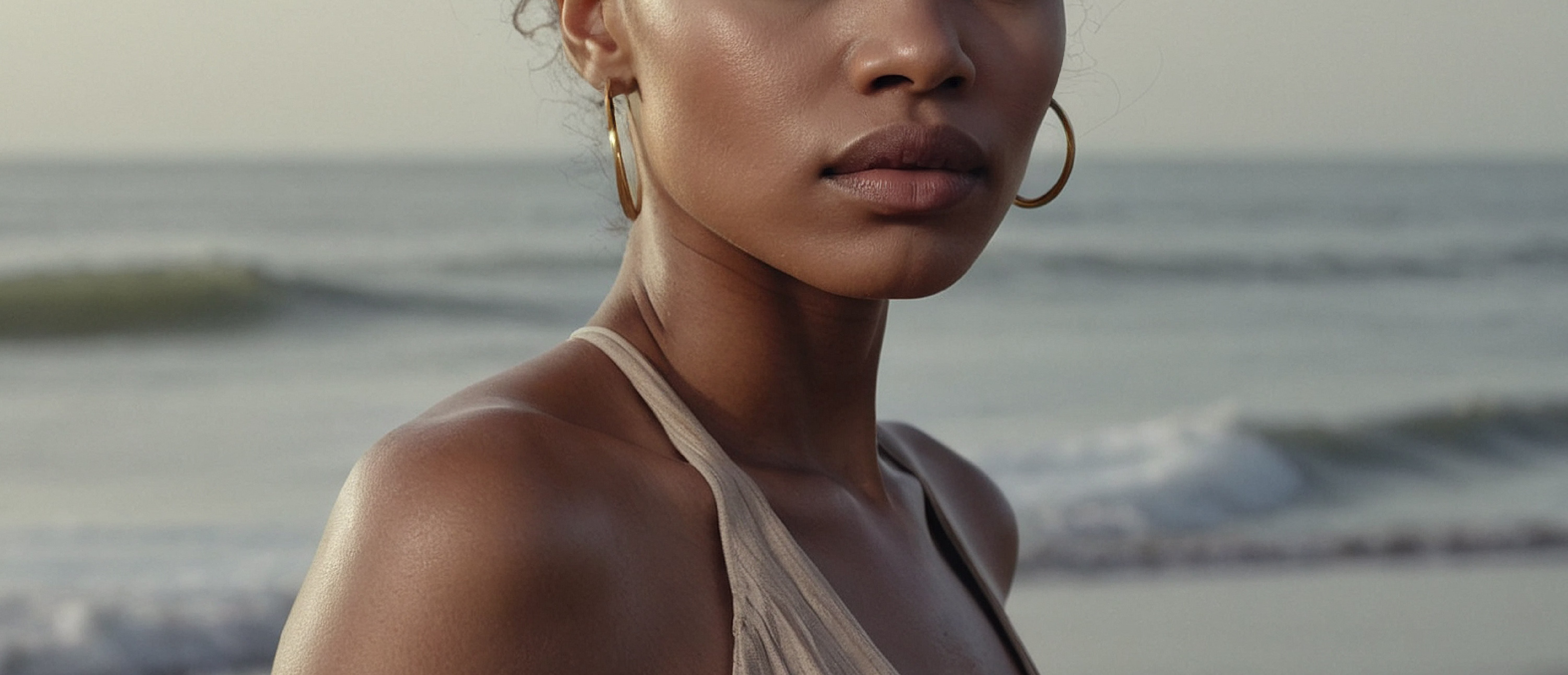 A close-up portrait of a young woman with curly hair, wearing hoop earrings and a beige swimsuit top, gazing directly into the camera against a blurred ocean background.