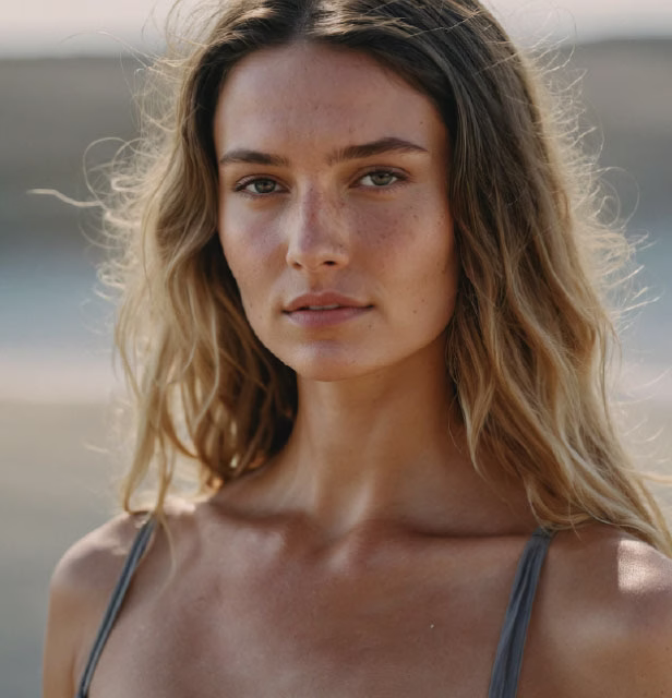 A close-up portrait of a woman with long, wavy hair and a natural look, featuring light freckles on her skin and a neutral expression.