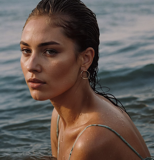 A woman with wet hair and a natural makeup look, wearing a minimalistic earring, gazing intently at the camera while sitting in water.