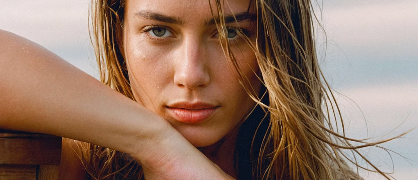 A close-up portrait of a woman with long, wavy hair, resting her chin on her hand and looking directly at the camera with a serious expression.