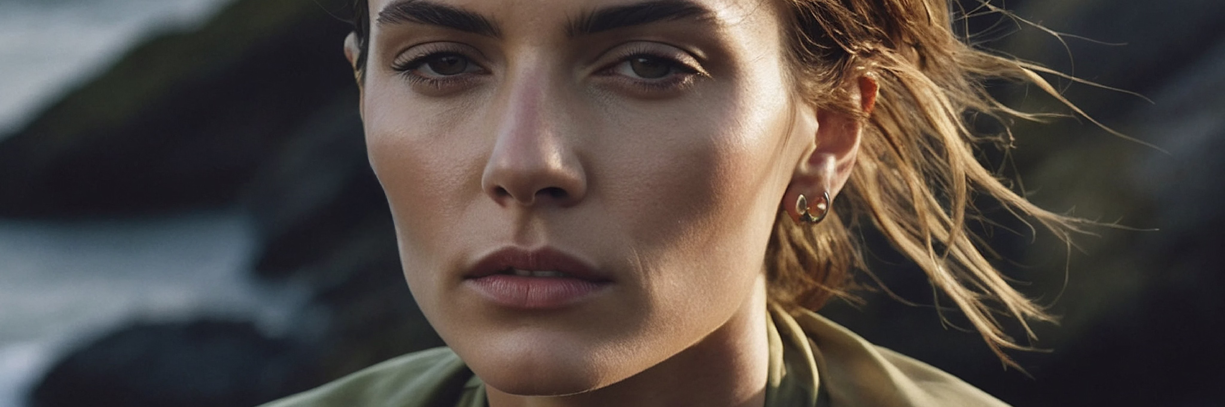 A close-up portrait of a woman with brown hair and natural makeup, wearing small gold hoop earrings and a green garment.