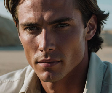 A close-up portrait of a young man with medium-length dark hair, strong facial features, and a serious expression, set against a blurred natural background.