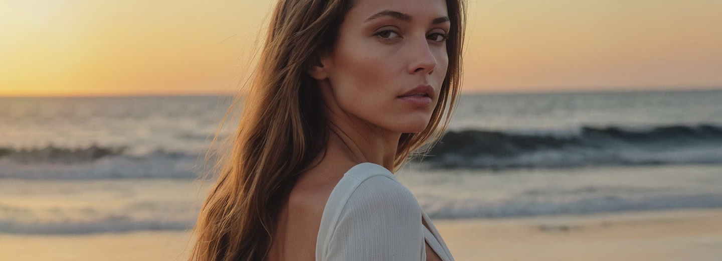 A woman with long hair looking back at the camera, wearing a white top, with a beach and ocean in the background, and a sunset casting warm colors across the sky.