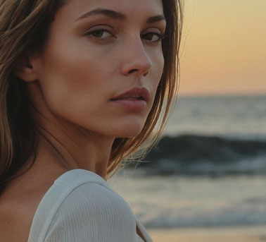 A woman with long, light brown hair, wearing a white top, gazing over her shoulder at the camera with a serene expression, set against a soft, blurred background of ocean waves and a sunset.