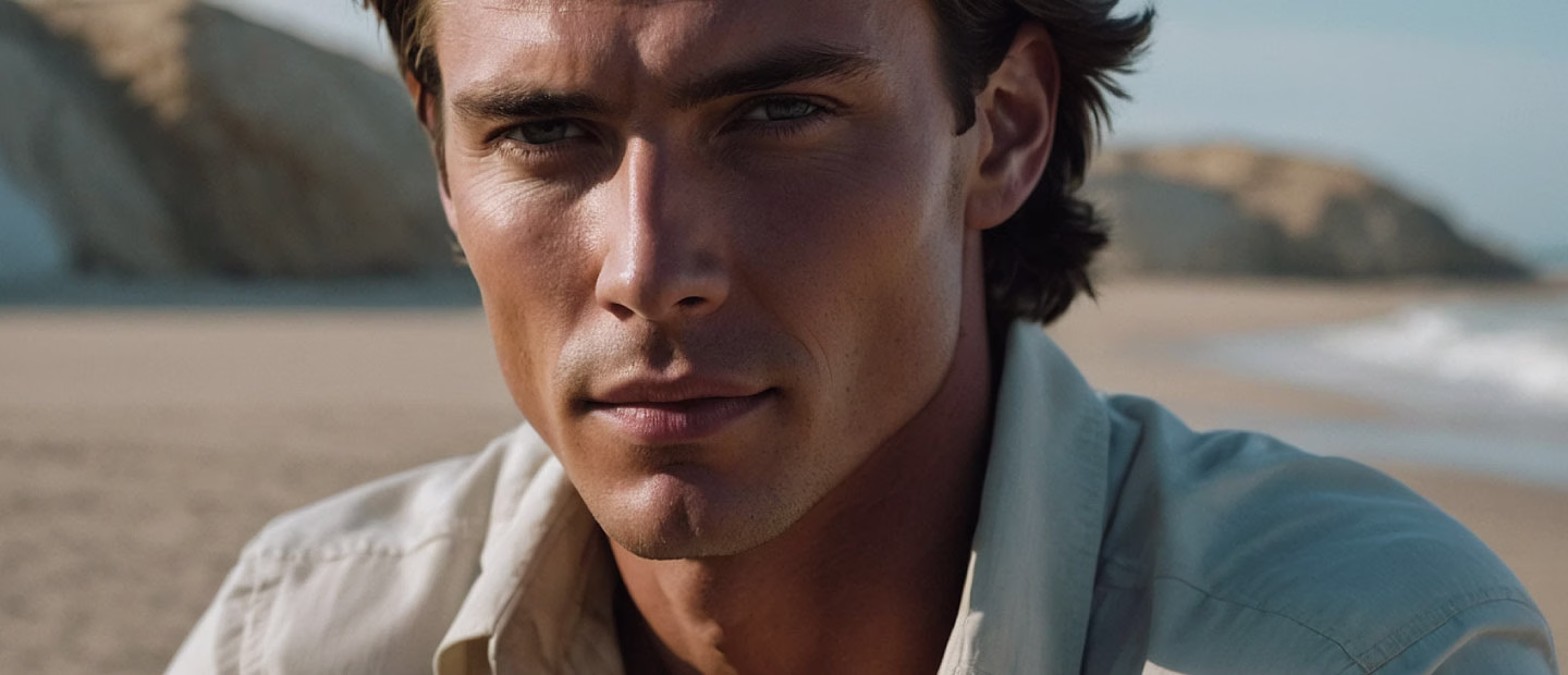 A close-up of a man with tousled hair, wearing a light-colored shirt, looking directly at the camera with a serious expression. The background features soft, blurred beach and cliff scenery.
