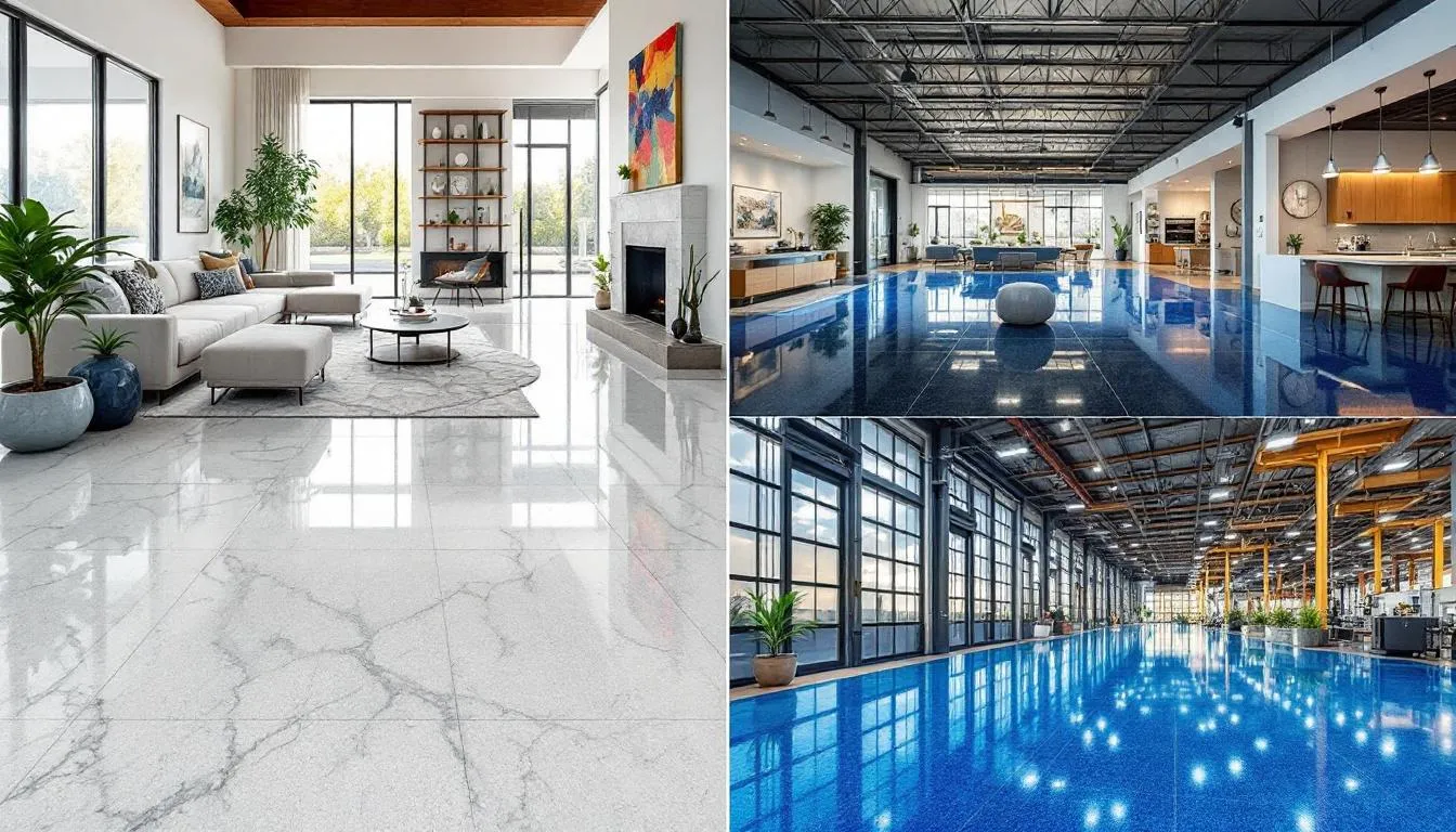 Different settings where epoxy flooring can be installed, highlighting residential, commercial, and industrial environments.