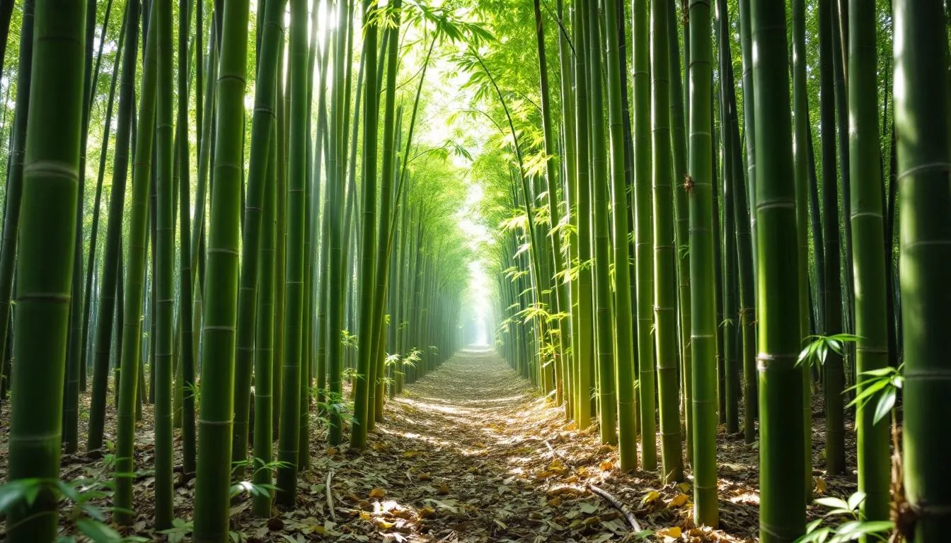 A lush, sustainable bamboo forest features tall, slender bamboo stalks swaying gently in the breeze, showcasing the natural beauty of this rapidly renewable resource. This serene environment serves as a reminder of the importance of protecting life and promoting eco-friendly practices in both residential and commercial spaces.