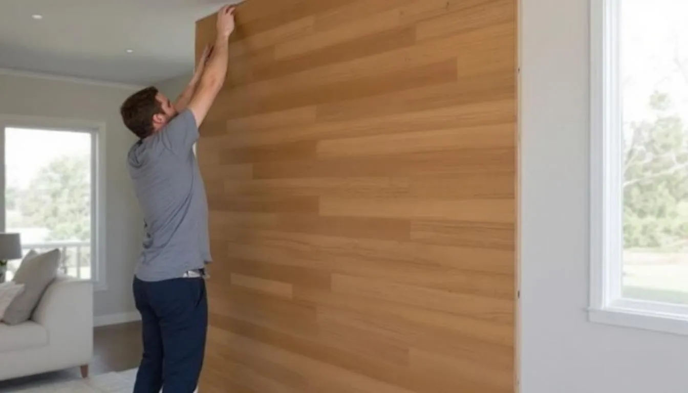 A person is installing natural bamboo wall panels with a click-lock system in a modern room, showcasing the panels' exceptional durability and stylish design. The installation enhances the living space, providing a natural beauty that complements the interior decoration of residential or commercial buildings.
