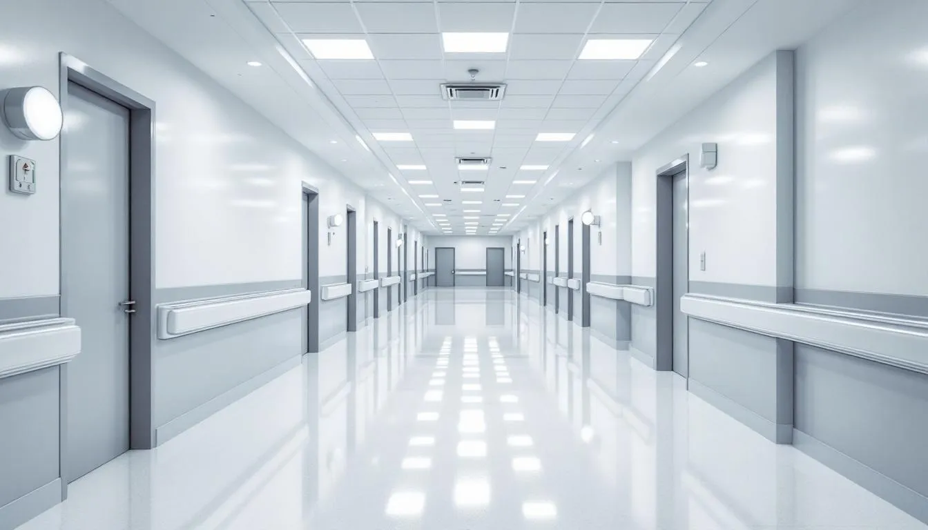 A clean hospital corridor features light-colored epoxy flooring that reflects modern lighting, creating a bright and sterile environment. The smooth surface of the epoxy coating enhances the overall aesthetics and functionality of the space, ensuring easy access for patients and staff.