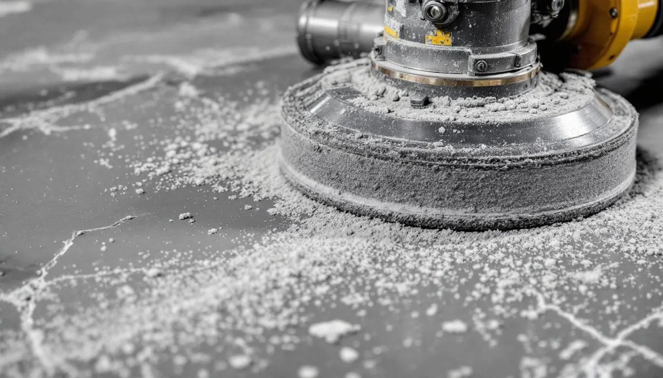 A close-up view shows a concrete surface being meticulously prepared with diamond grinding equipment, revealing the texture and grit of the concrete as it undergoes the grinding process for optimal adhesion of epoxy coatings. The image captures the equipment in action, emphasizing the precision required for this essential step in flooring preparation.