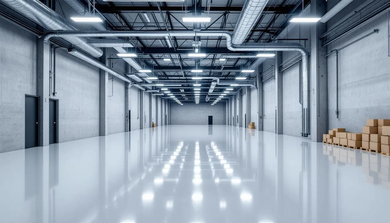 In a modern warehouse located in New South Wales, seamless epoxy flooring reflects the overhead lighting, creating a bright and clean environment. The smooth, shiny surface enhances the spaciousness of the area, showcasing the durability and aesthetic appeal of epoxy coatings.