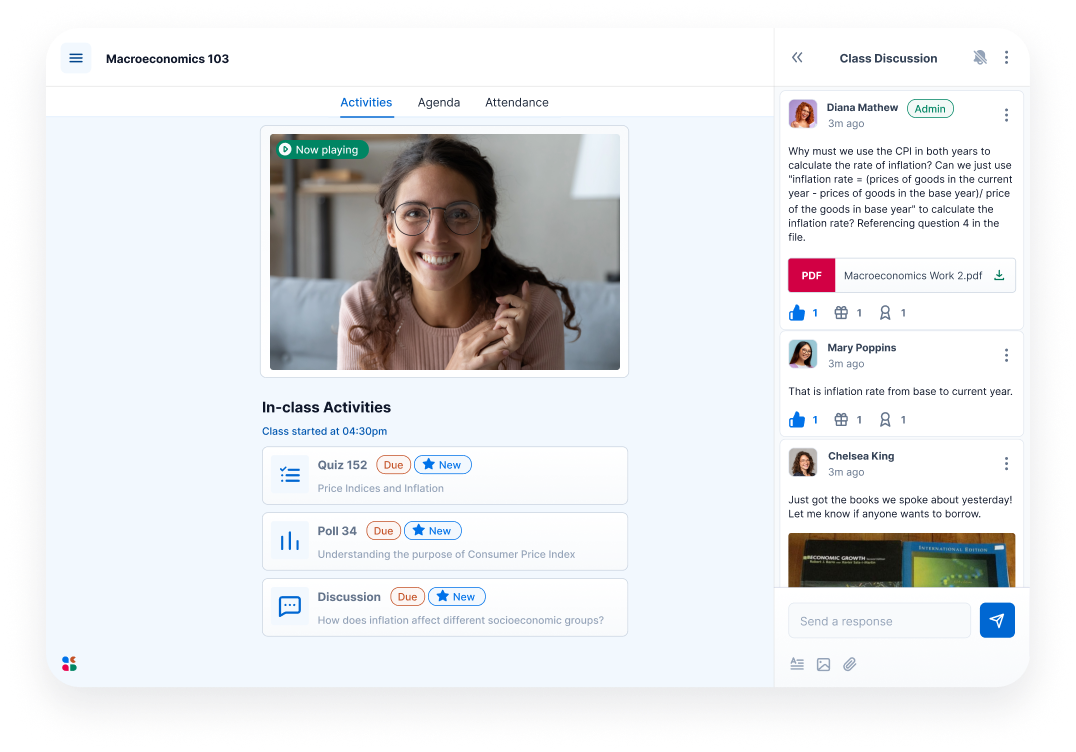 Interactive lecture playback on Acadly lets asynchronous learners get the same experience as synchronous ones. All activities, chat, resources and the lecture video is retained in a neat timeline.