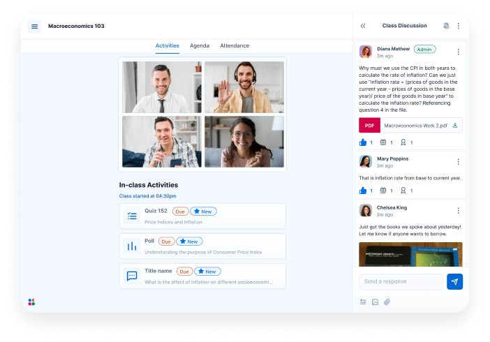 Acadly screen with holistic view with lecture video, activities, chat forum visible.