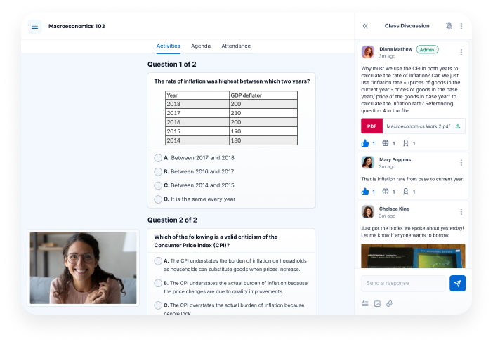 Acadly screen with lecture video minimised to a picture-in-picture view, and ongoing activities enlarged, along with chat forum on the side.