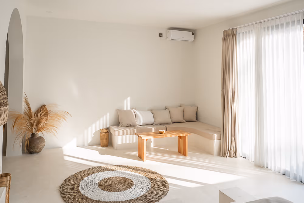 Living room with kitchen and high ceiling