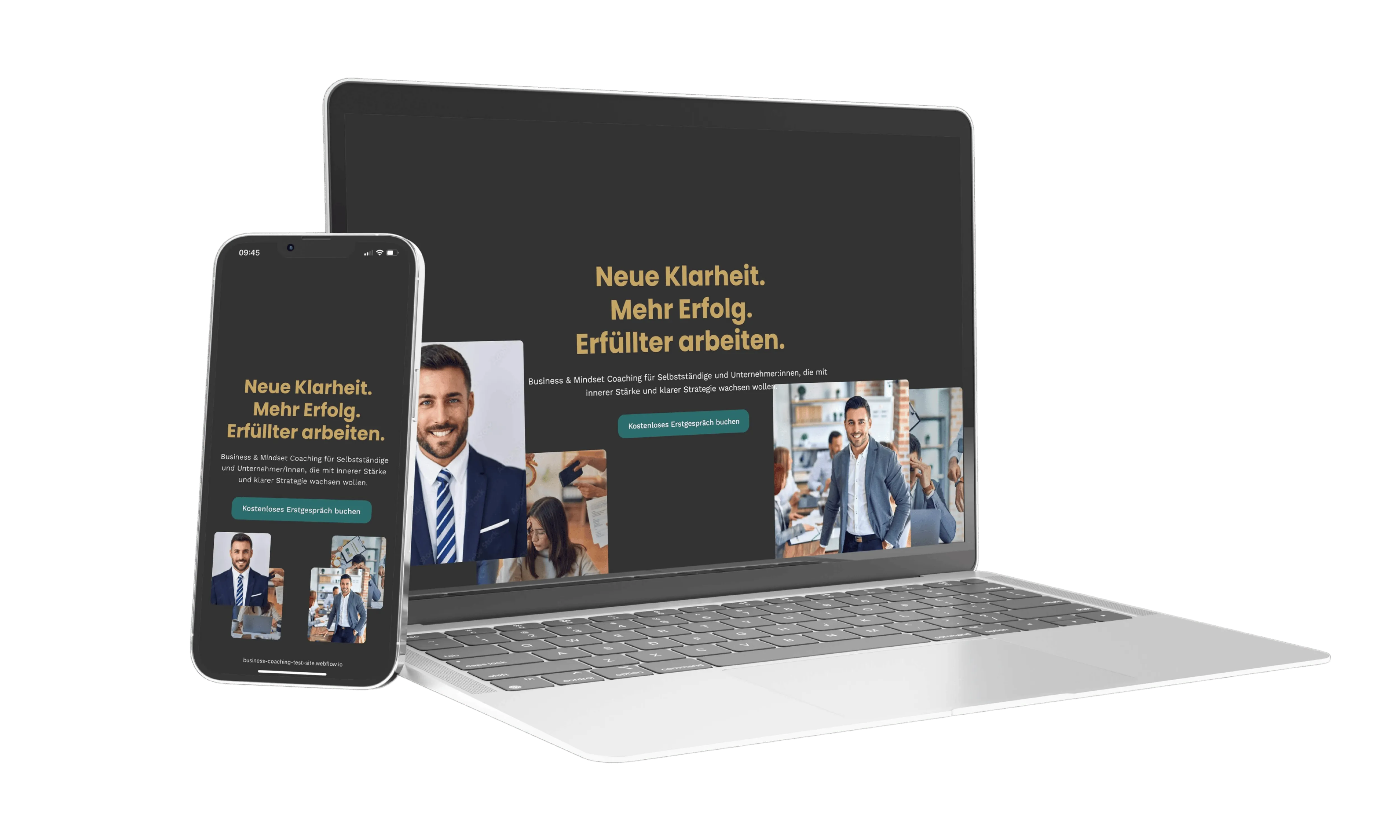 Business-Coaching Website auf Laptop und Smartphone mit motivierendem Slogan und Bildern von Geschäftspersonen.