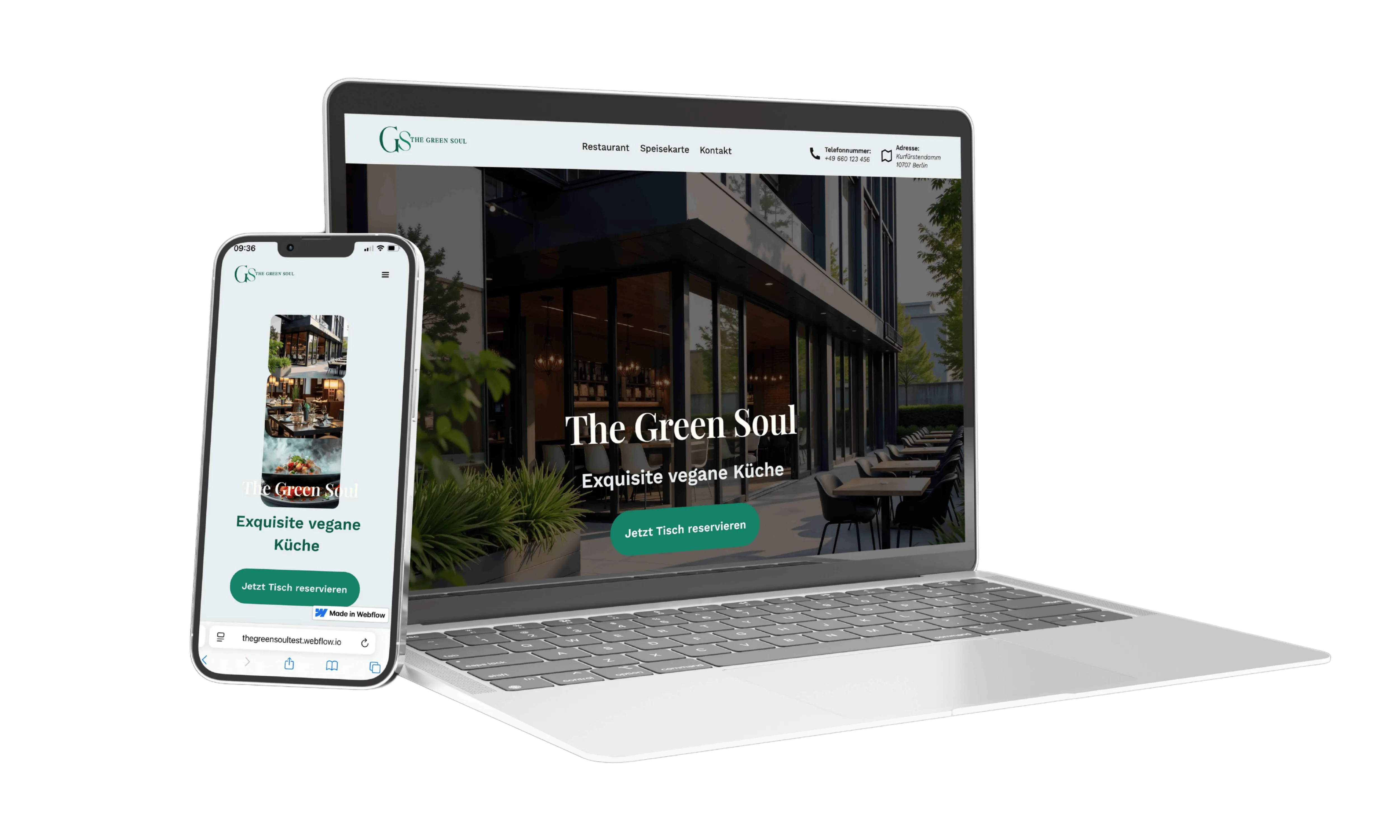 Moderne Website für veganes Restaurant mit Fotos von Innenraum und Speisen, dargestellt auf Laptop und Smartphone.