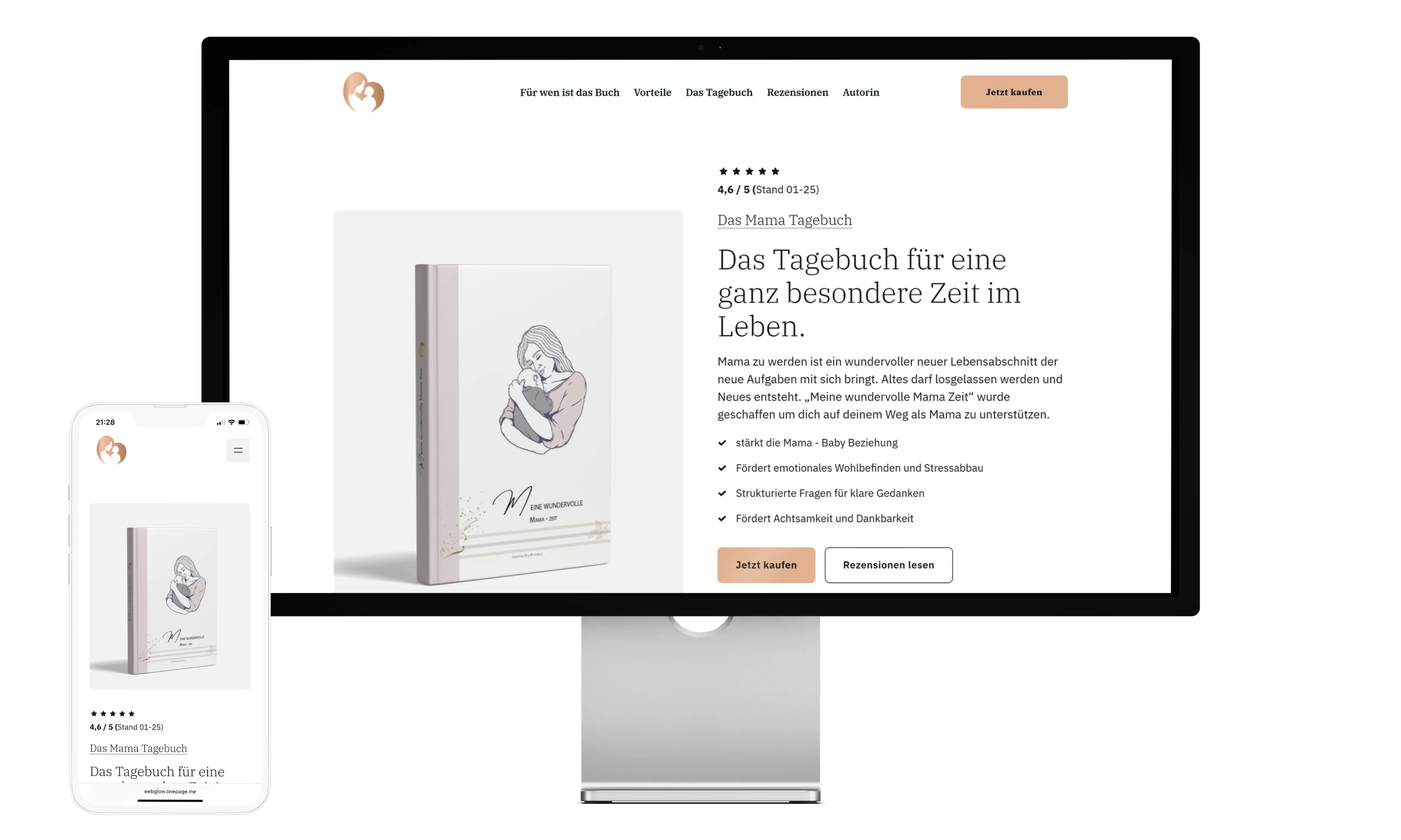 Website eines Mama Tagebuchs auf Laptop und Smartphone – liebevolle Begleitung für Mütter in einer besonderen Lebensphase.