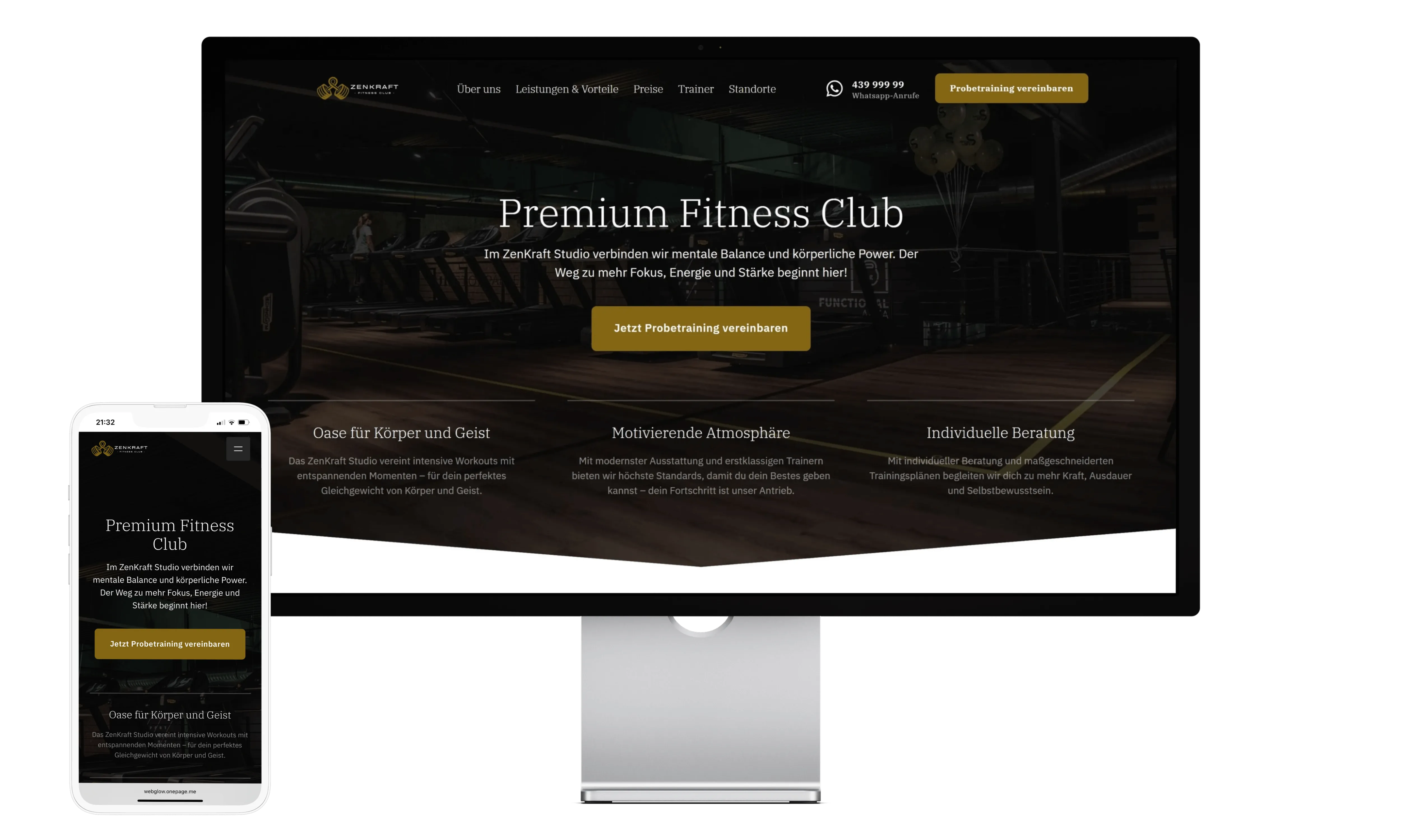Screenshot einer modernen Fitnessstudio-Website auf Laptop und Smartphone – Premium Fitness Club mit Fokus auf mentale und körperliche Stärke.