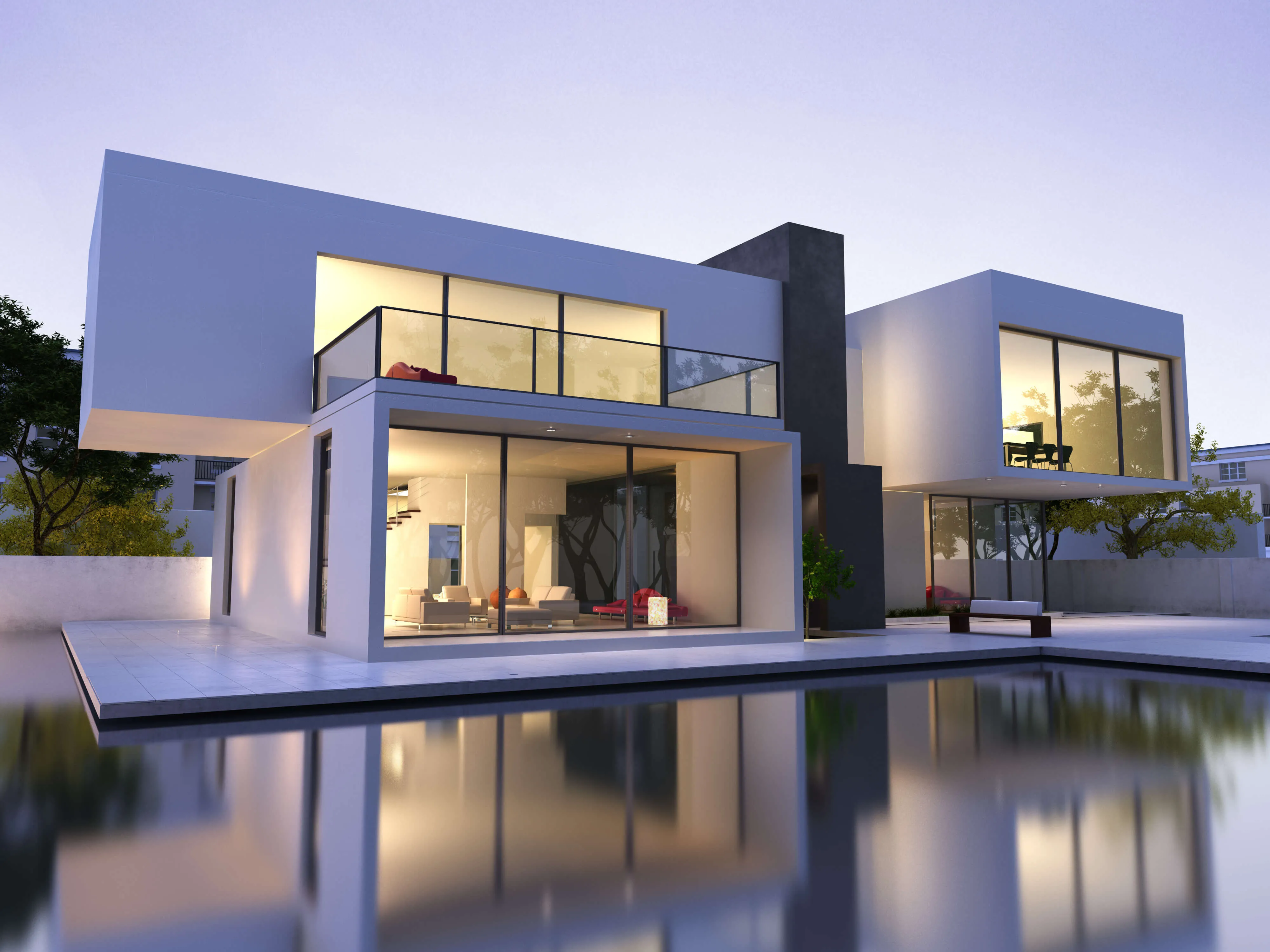 Modernes, hochwertiges Wohnhaus mit großen Glasfassaden und Pool – ideal für Immobilienprofis und anspruchsvolle Geschäftskunden.