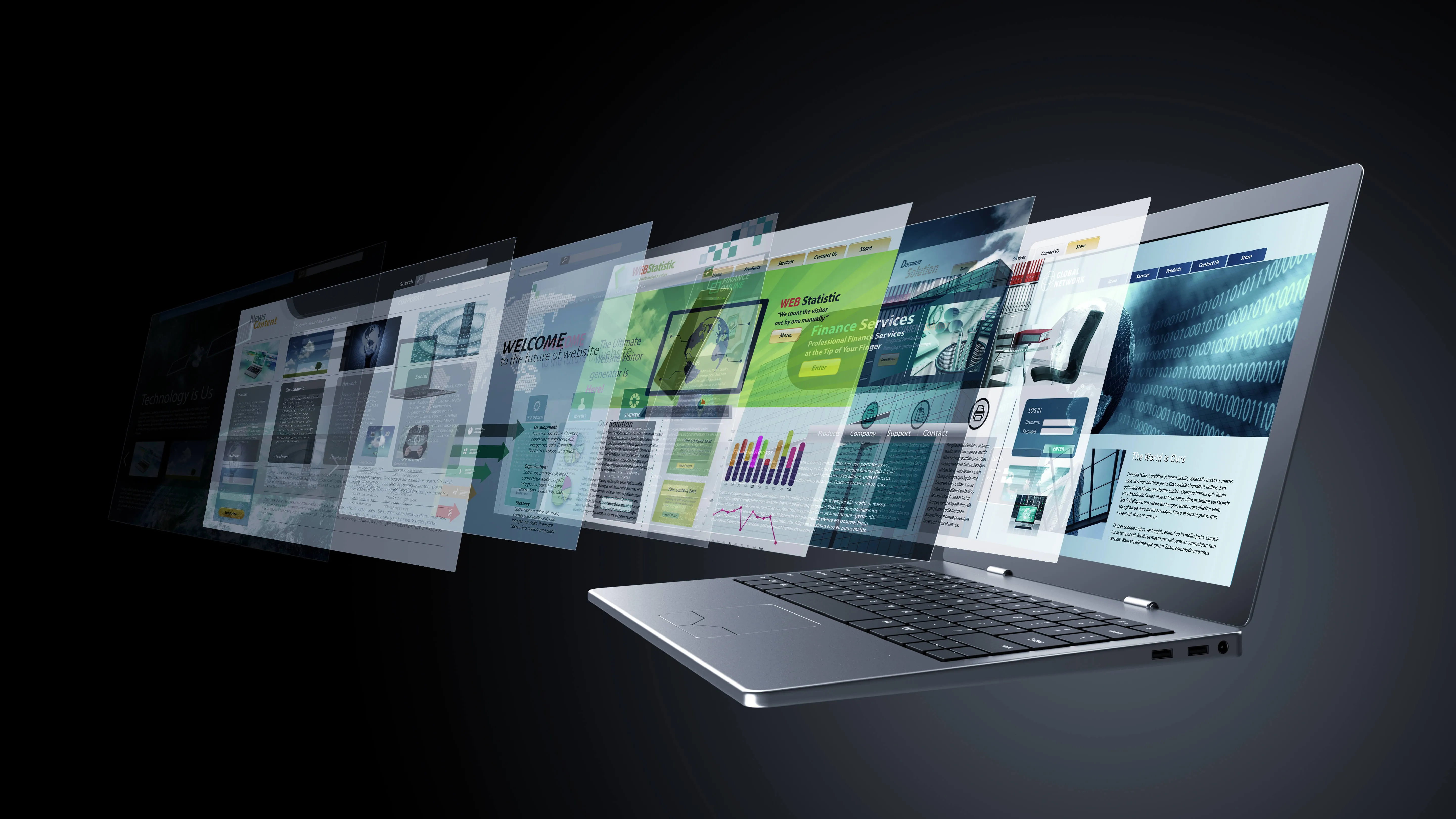 Laptop mit mehreren transparenten Website-Layouts, die den Prozess des Webdesigns visualisieren