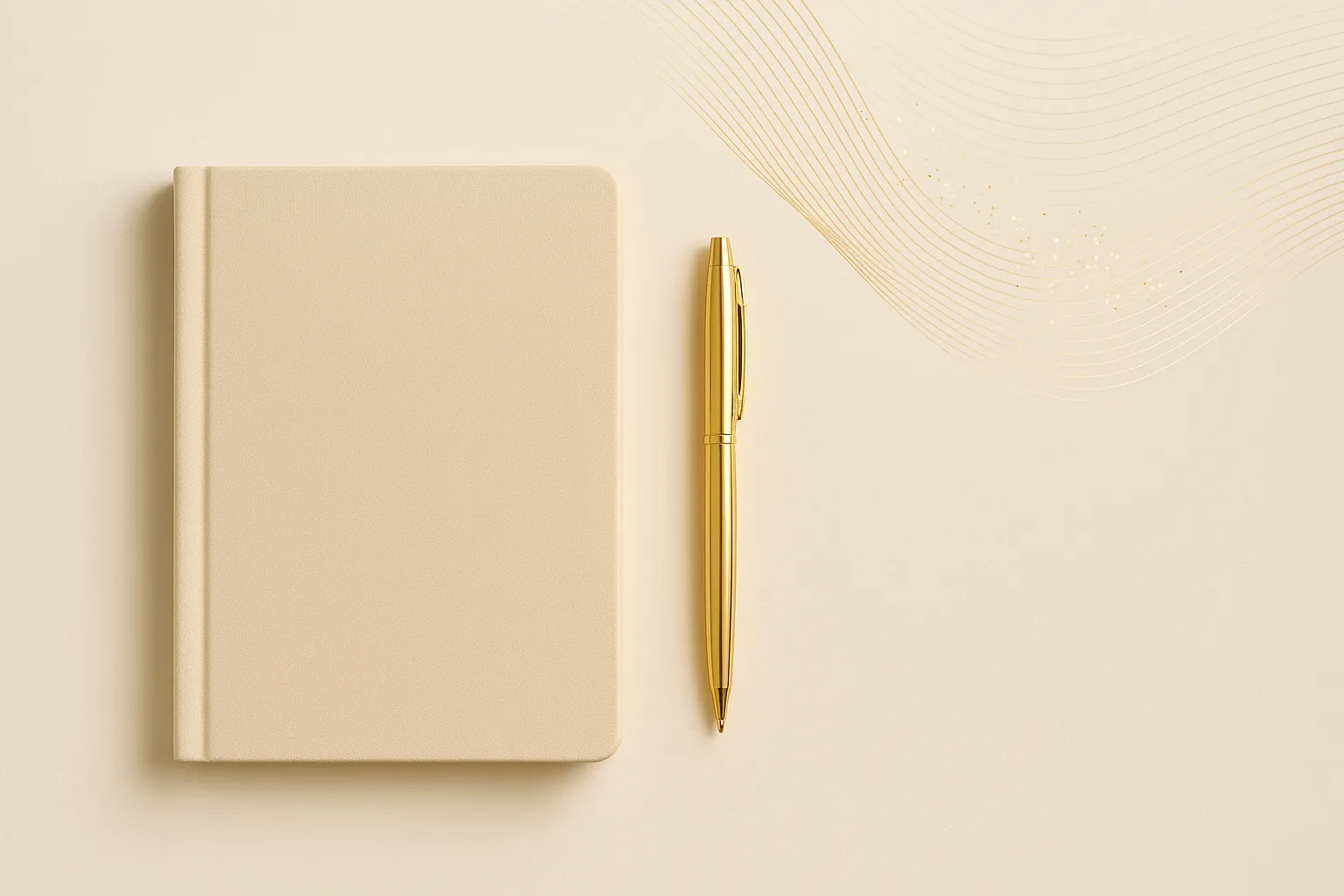 Beiges Notizbuch und goldener Stift auf hellem Untergrund als Symbol für strukturiertes Webdesign.