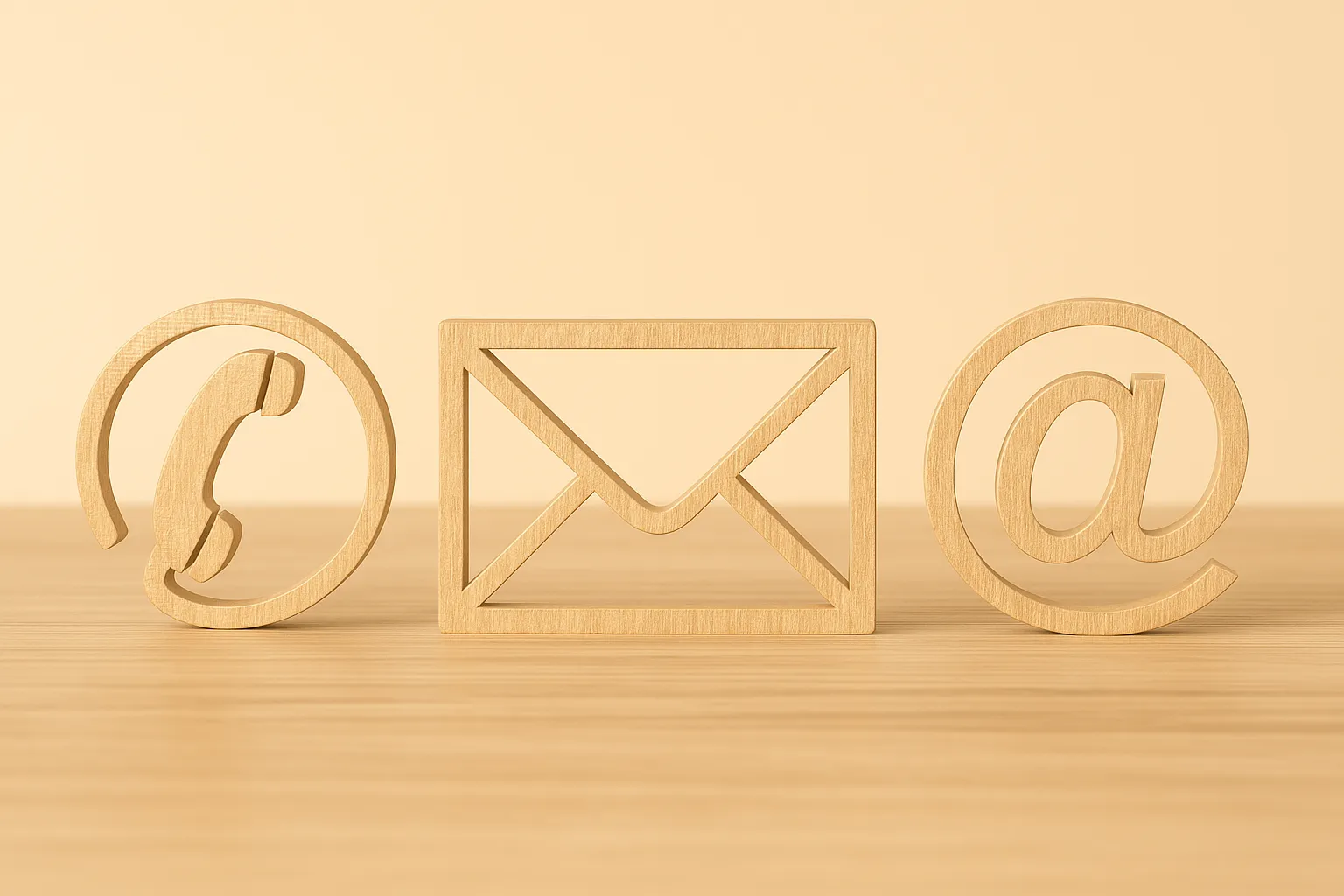 Holzsymbole für Telefon, E-Mail und Kontakt stehen auf einem hellen Holztisch vor beigem Hintergrund.