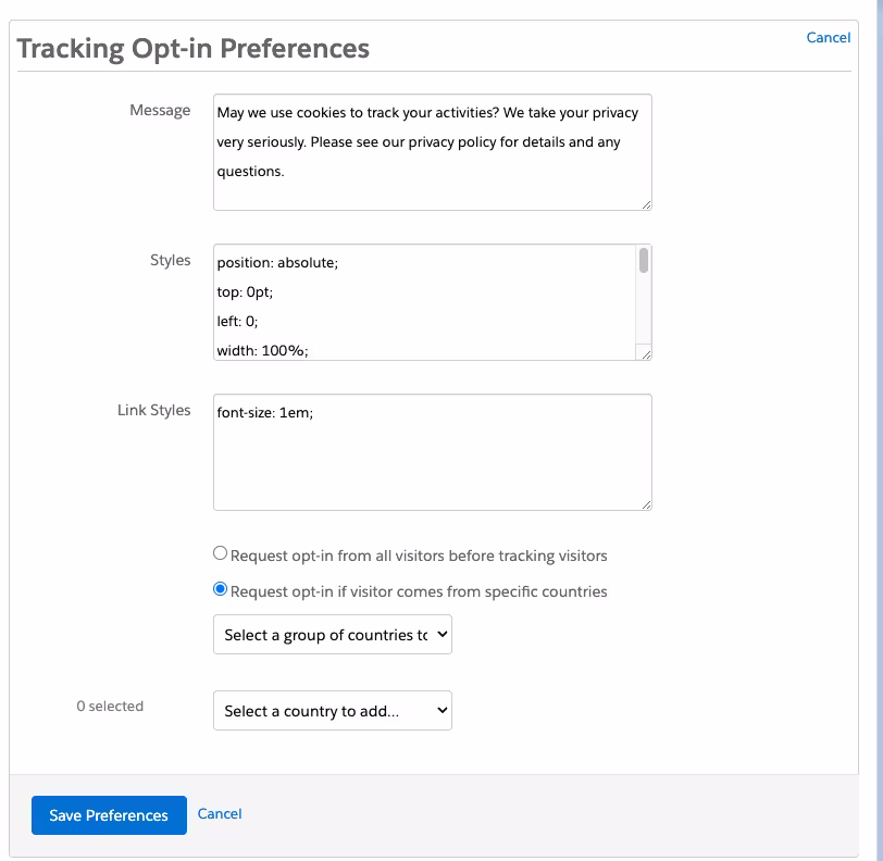 Pardot Tracking Preferences Screenshot