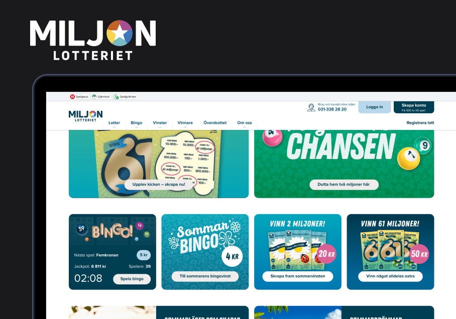 Screenshot of Miljon Lotteriet lottery website homepage showing lottery options, bingo games, and promotional banners in Swedish.