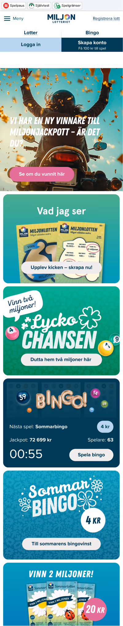 Mobile lottery website showing a person on a motorcycle celebrating with confetti and various lottery and bingo game options with Swedish text.