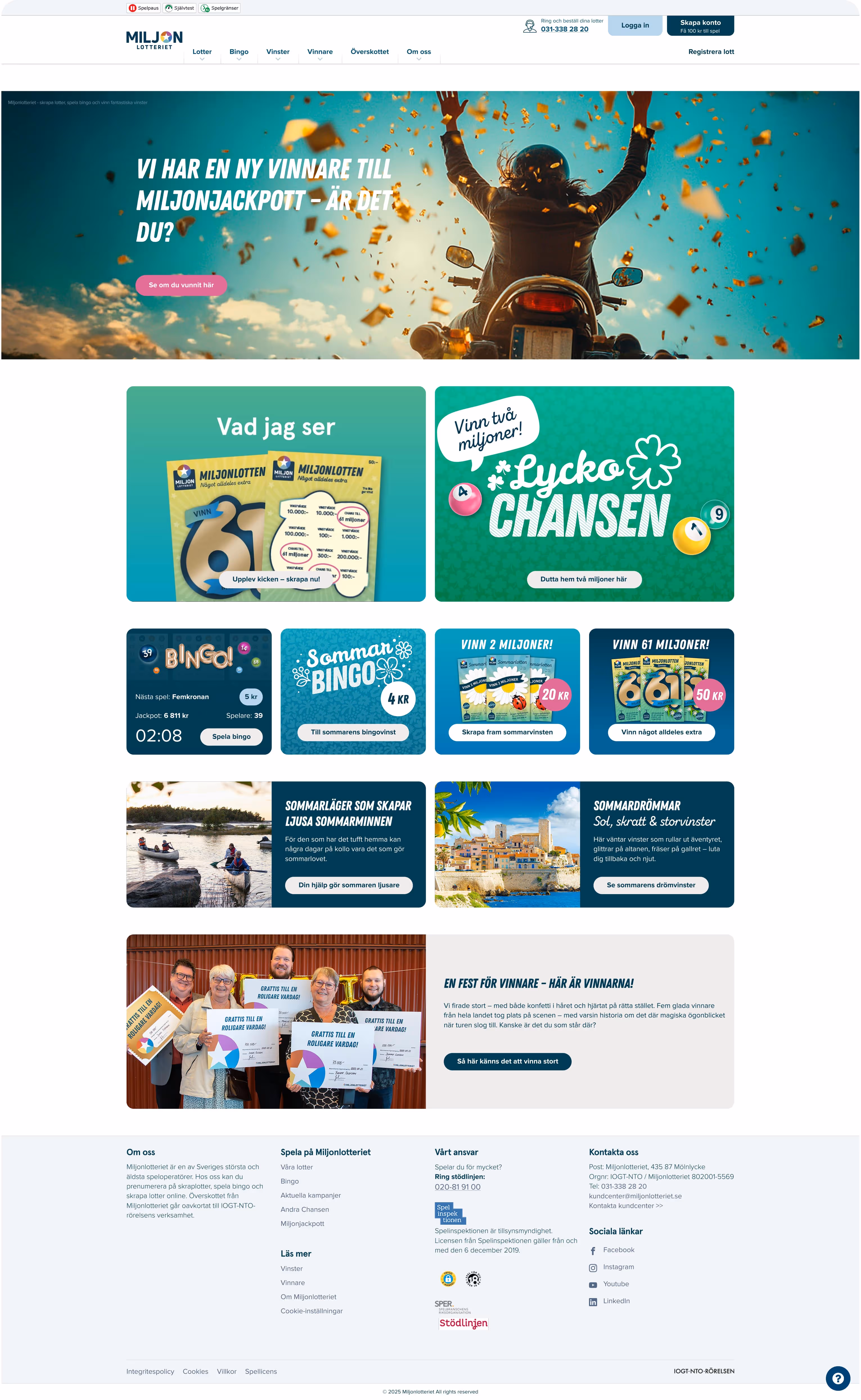 Lottery website homepage with banner of a person on a motorcycle raising hands amidst falling confetti and multiple sections promoting various lottery games and summer campaigns.