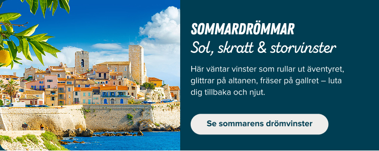 Coastal town with sunny weather and stone buildings by the sea next to Swedish text promoting summer dreams and winnings.