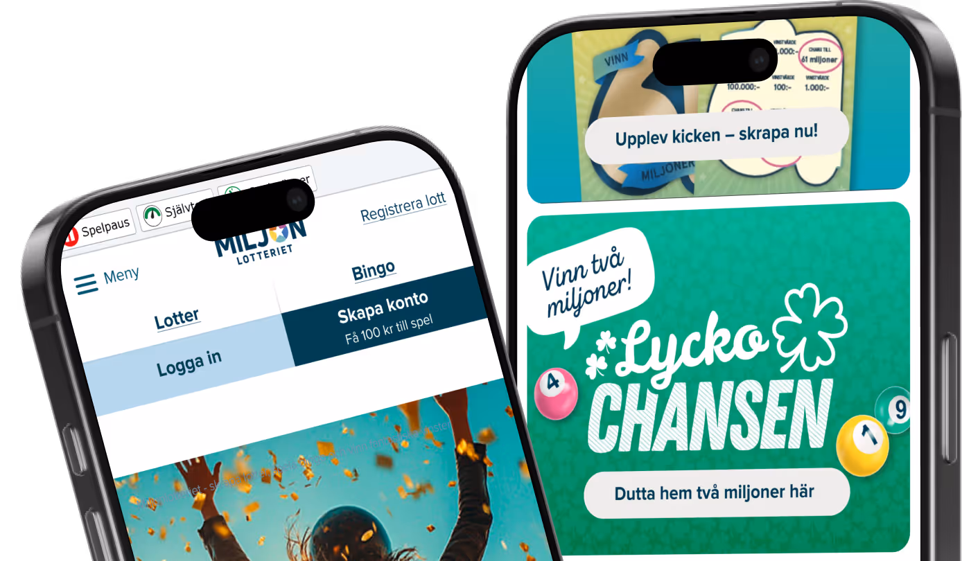 Two smartphones displaying a lottery app interface with colorful lottery graphics and Swedish text about winning millions.