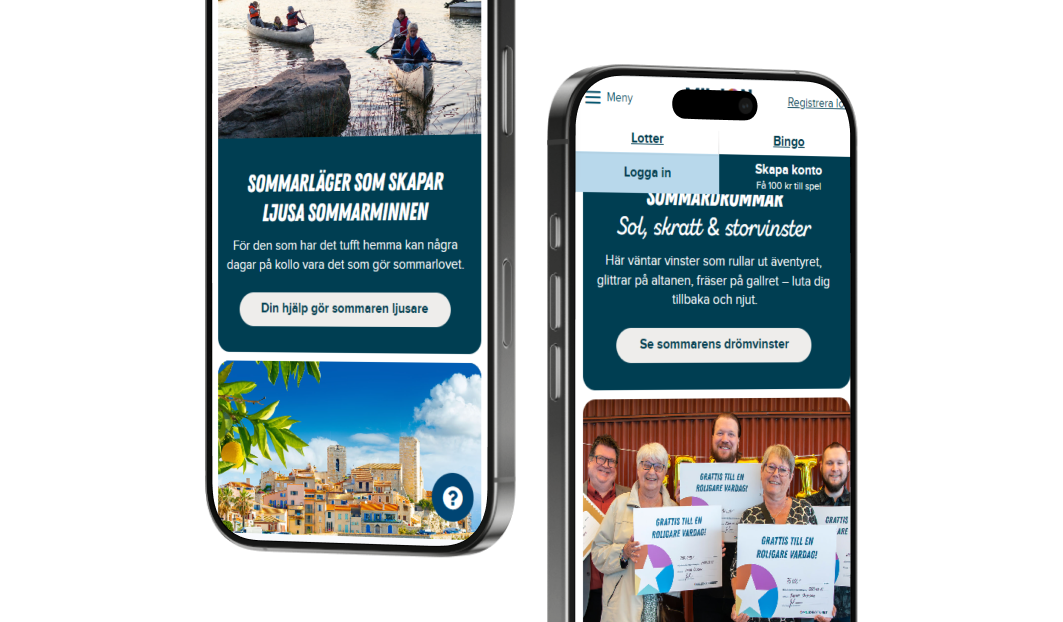 Two smartphones displaying a Swedish app with summer camp and lottery information; the left screen shows people canoeing and a scenic town, the right screen shows a group holding congratulatory signs.