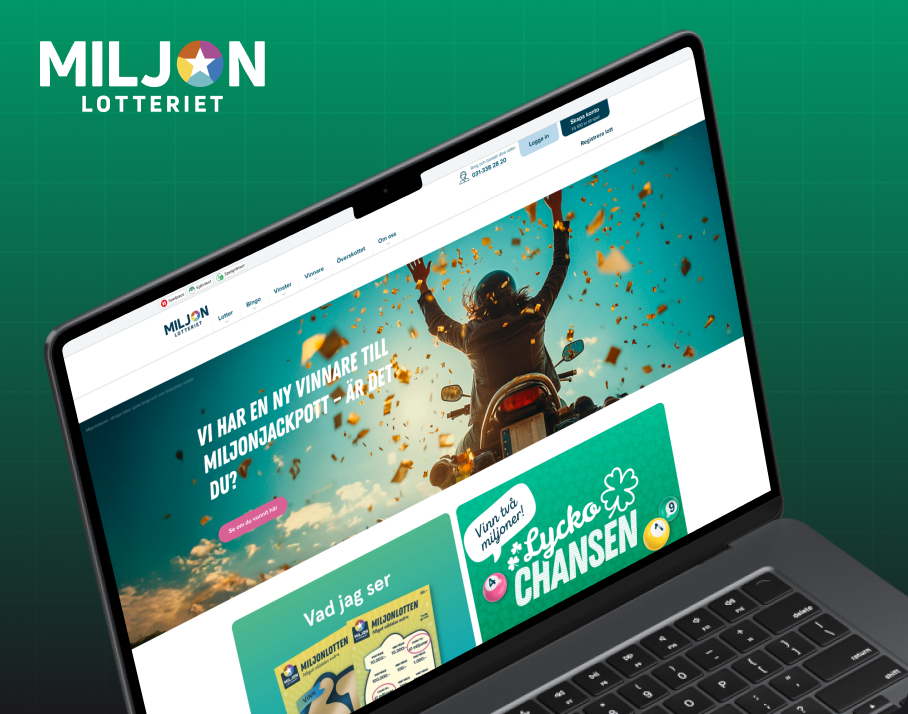 Laptop screen displaying a celebratory webpage with a person on a motorcycle raising their arms amid confetti and Swedish lottery promotions.