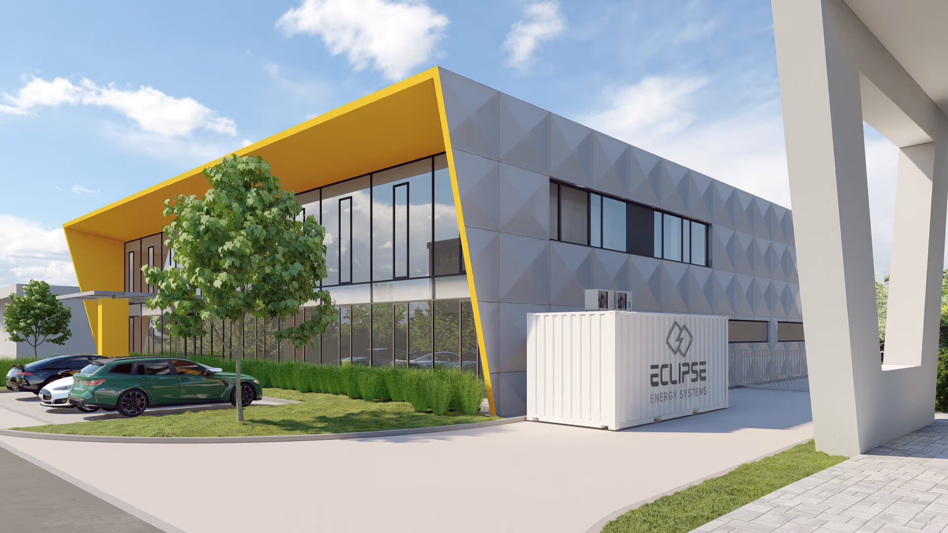 Containerized hydrogen energy storage system positioned next to an industrial building in a logistics park, illustrating large-scale clean energy storage for commercial use.