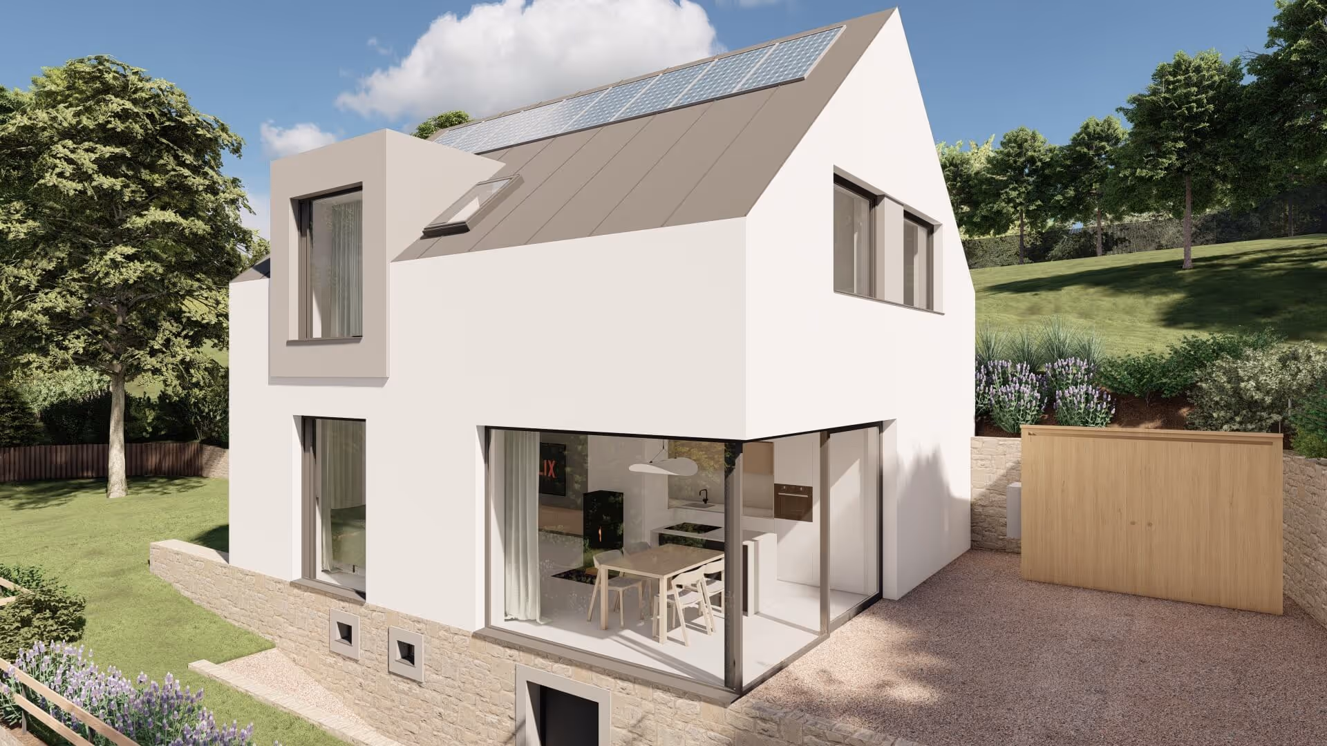 Outdoor hydrogen energy storage unit installed beside a luxury smart home, showcasing seamless integration of advanced clean energy technology in high-end residential living.
