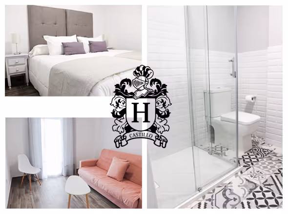 Habitación con cama doble, salón con sofá rosa y baño moderno con ducha y azulejos decorativos en el suelo.