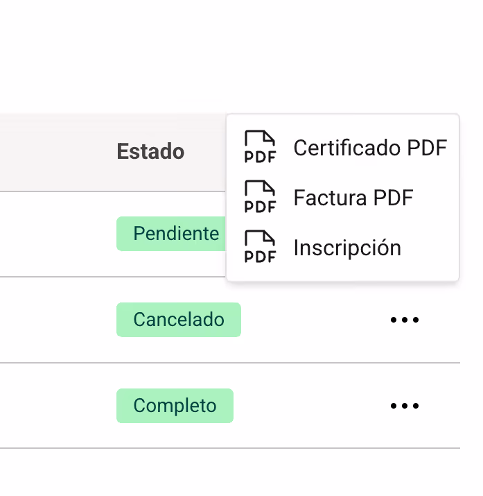 Document status list showing pending, canceled, and complete states with PDF download options