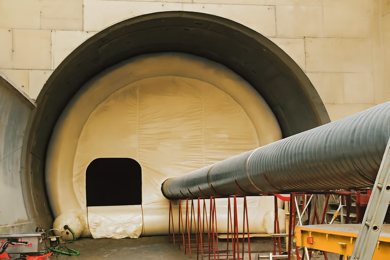 Tubo de conducto metálico spiral conectado a estructura de construcción grande y redonda