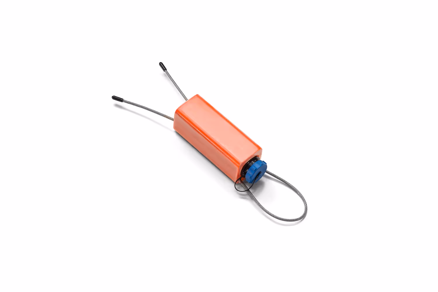 Dispositivo flotante naranja con cierre azul y cable de acero inoxidable.
