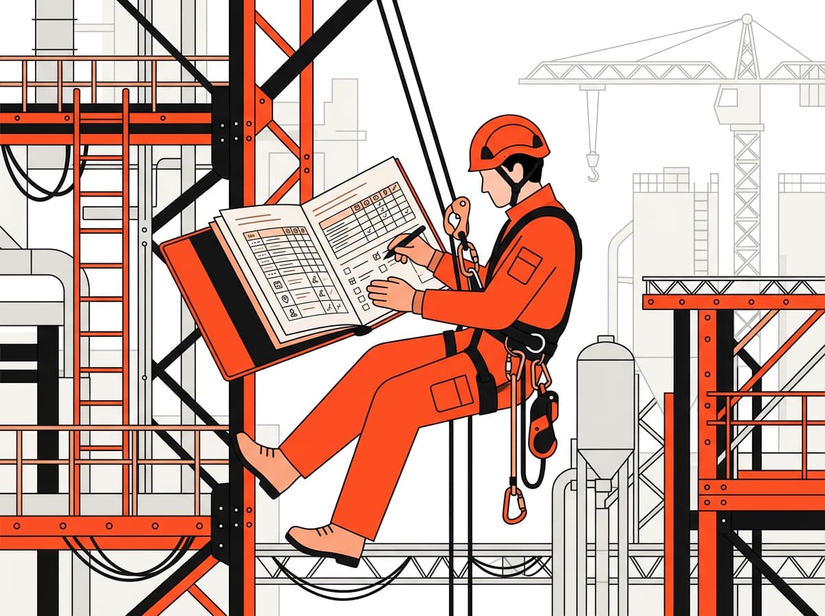Trabajador industrial en equipo de seguridad naranja completando un registro en un libro mientras está suspendido en una estructura metálica en construcción.