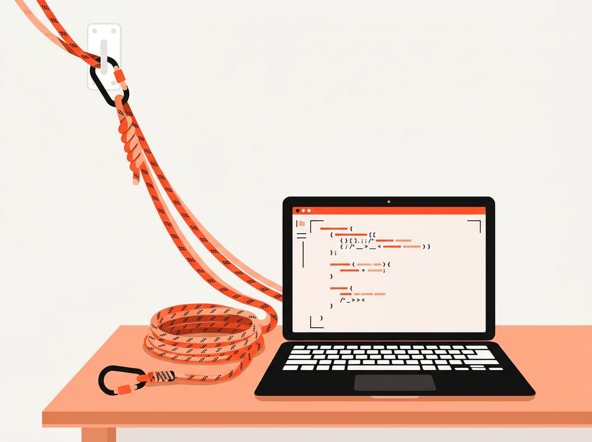 Ilustración de una laptop en un escritorio con una cuerda de seguridad de escalada anclada a la pared, representando seguridad informática.