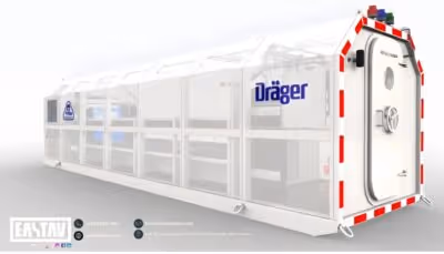 Drager white and blue mobile medical transport container with red and white striped rear doors