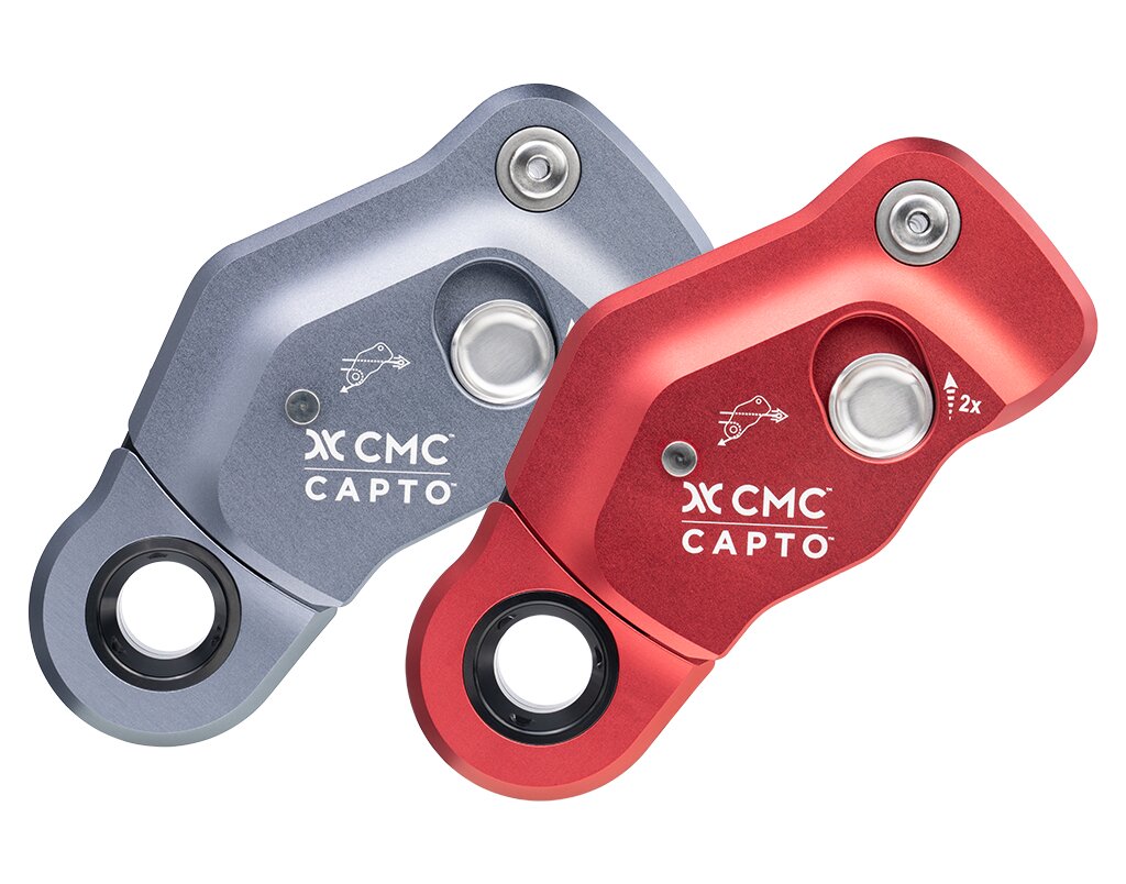 Two CMC Capto climbing rope carabiners in gray and red with metal accents.