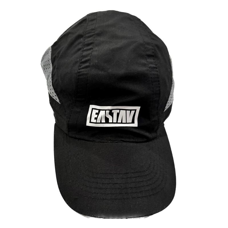 Black baseball cap with white "EASTAV" logo and gray mesh back panels