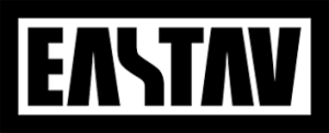 Logo blanco y negro de Eastav en rectángulo con bordes definidos